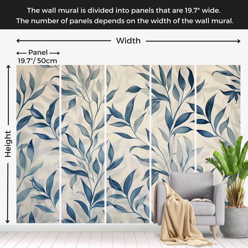 Papier peint floral - Feuilles en bleu, L 59 po x L 41 po