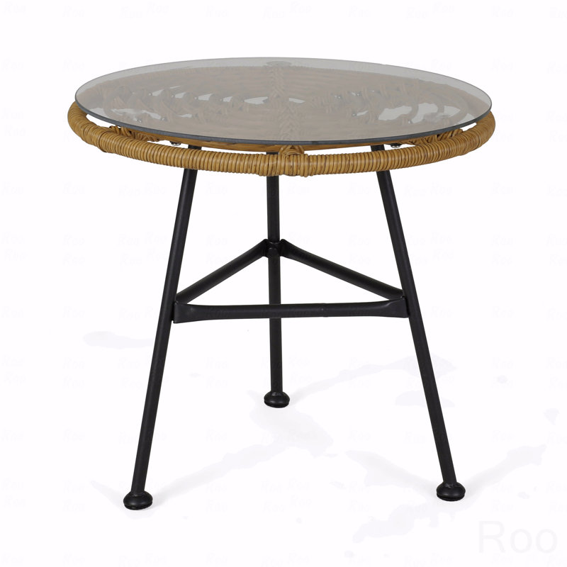 Outdoor Round Side Table with Tempered Glass & Rattan Top