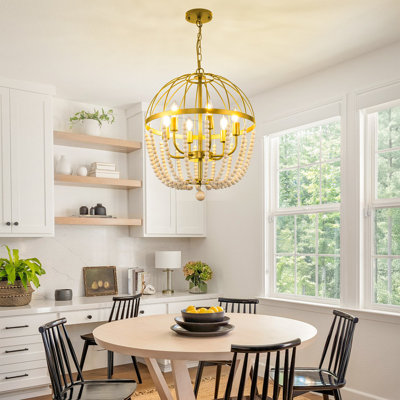 Nedek 6-Light Wood Beaded Farmhouse Chandelier With Iron Frame