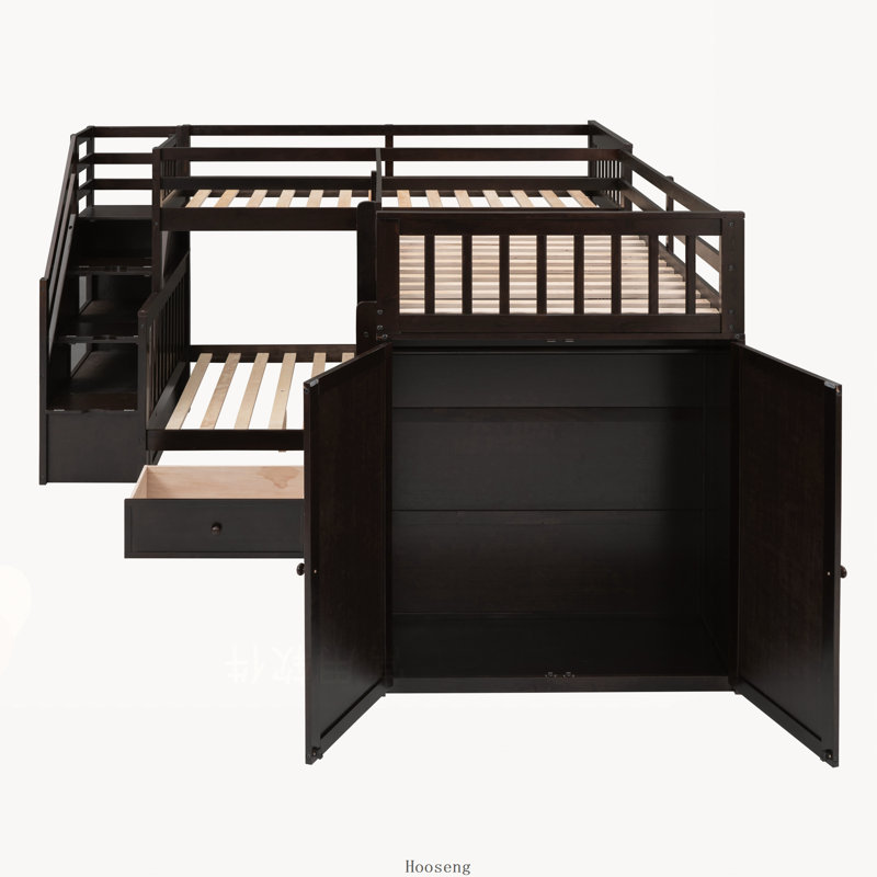 Lit superposé en L (deux lits simples au-dessus d'un lit double) avec 3 tiroirs, bureau et armoire portatifs, couleur espresso