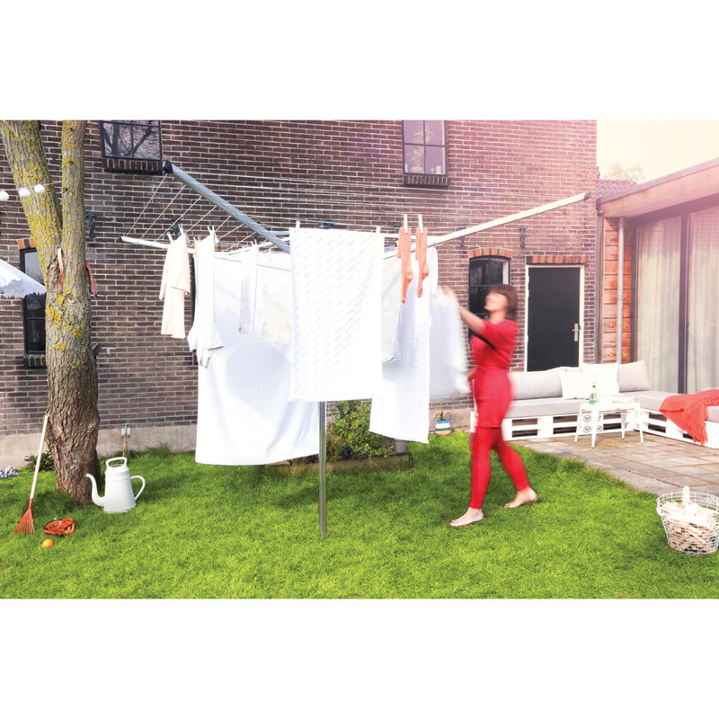 Brabantia Lift-O-Matic Outdoor Clothesline (164 ft) with Ground Spike, Cover, Clothespins and Bag, Metallic Gray