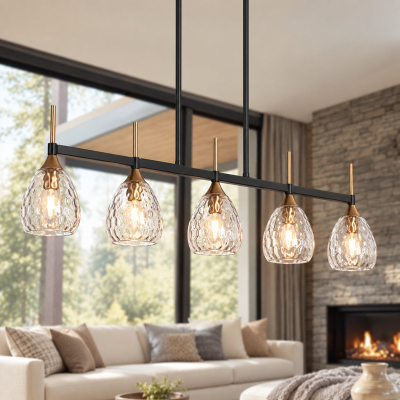 Luminaire pour îlot de cuisine Teandrea à 5 lumières, largeur 47 pouces, or/noir