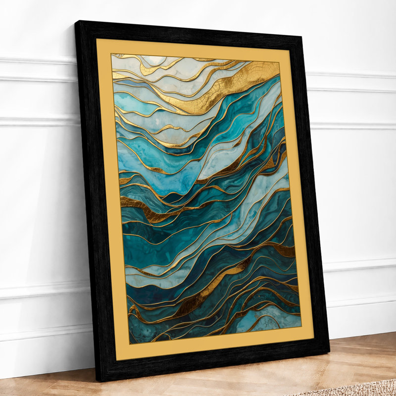 Flowing Marbled Waters Abstract - Framed Print, A2 - 59.4 x 42.0 cm, Black