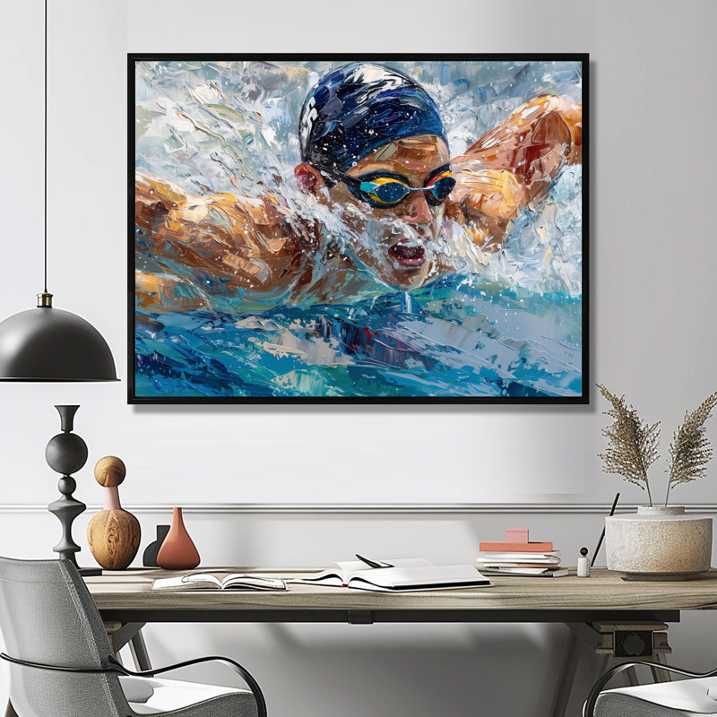 Concours de natation aux Jeux olympiques I - Art mural de natation, Toile avec cadre flottant noir