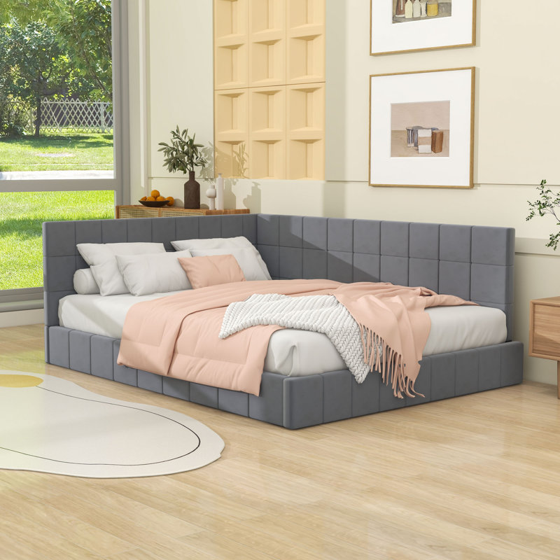 Full Size Velvet Upholstered Daybed with Unique Backrest, Gray