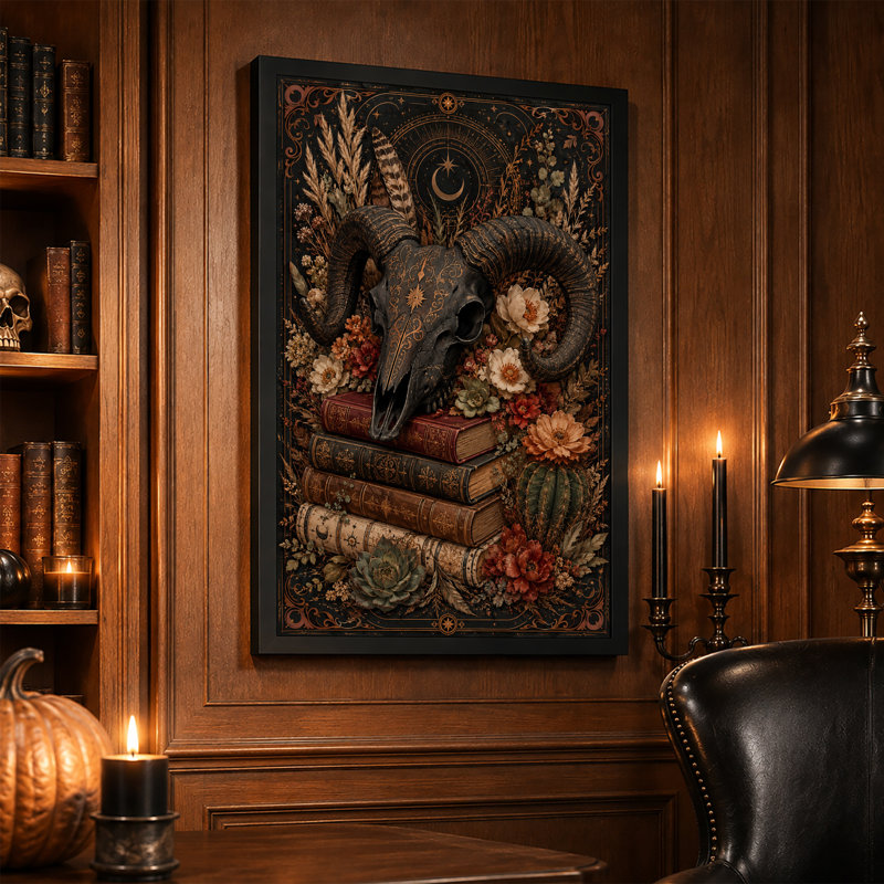 Crâne de bélier noir avec art en toile d'Halloween rétro en filigrane et rétro, H 18 po x l 12 po