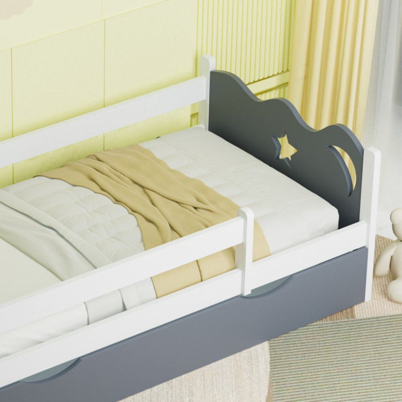Lit pour enfants Kids, lit de jour en bois de pin avec tiroir de rangement et garde-corps de sécurité, taille simple, blanc crème