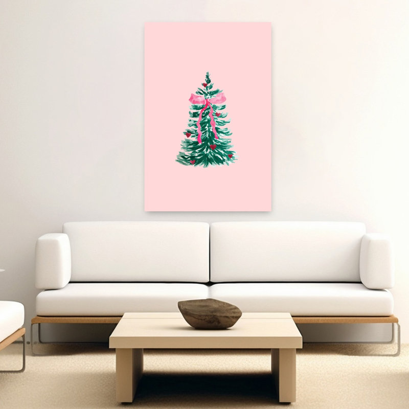 Pink Bow Christmas Tree Traditional Abstract Christmas Tree Winter Landscape Wall Art Print by Karen Menzenbach - Wrapped Canvas Print