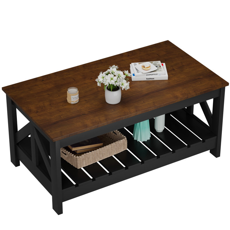 39" Rectangular Farm House Coffee Table with Storage, Brown, Black