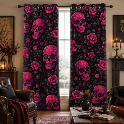 2 pièces de rideaux bloquant le soleil avec imprimé crâne de sucre gothique, thème artistique Dia de los Muertos, fantaisie et rose, anneau décoratif pour le salon, la chambre à coucher et le salon