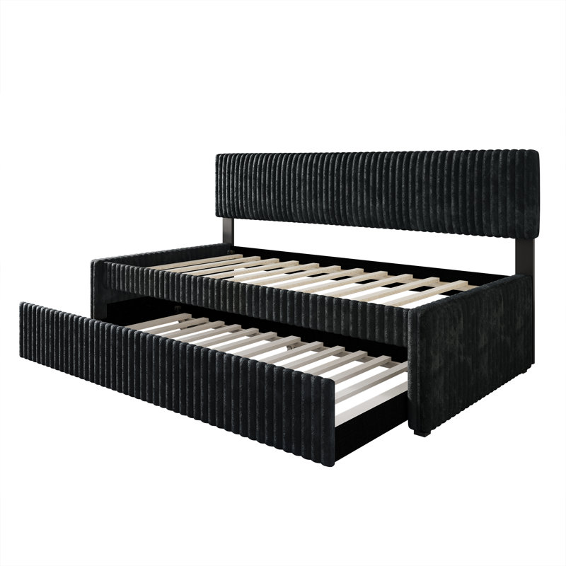 Twin Daybed Corduroy With Trundle, Dark Gray