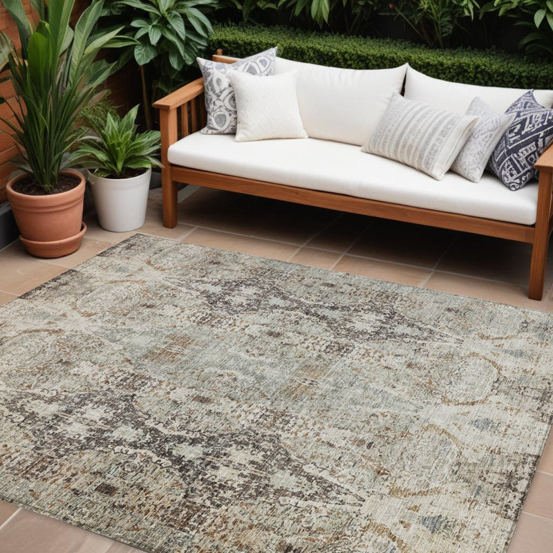 Tapis extérieur lavable à motif floral en lin noir et brun 8 pi x 10 pi