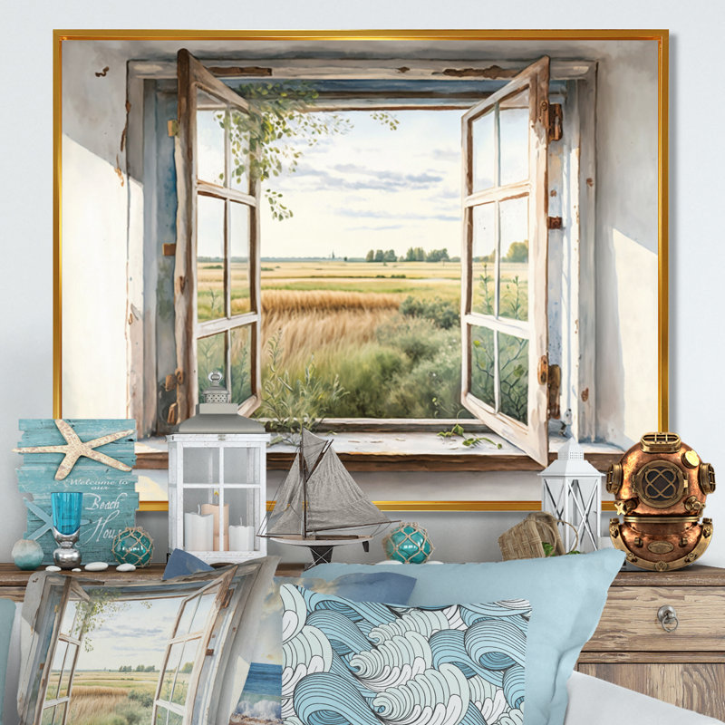 «Window to Landscape Views IV - Farm Landscape», art mural, 16" H x 32" W, Cadre flottant doré