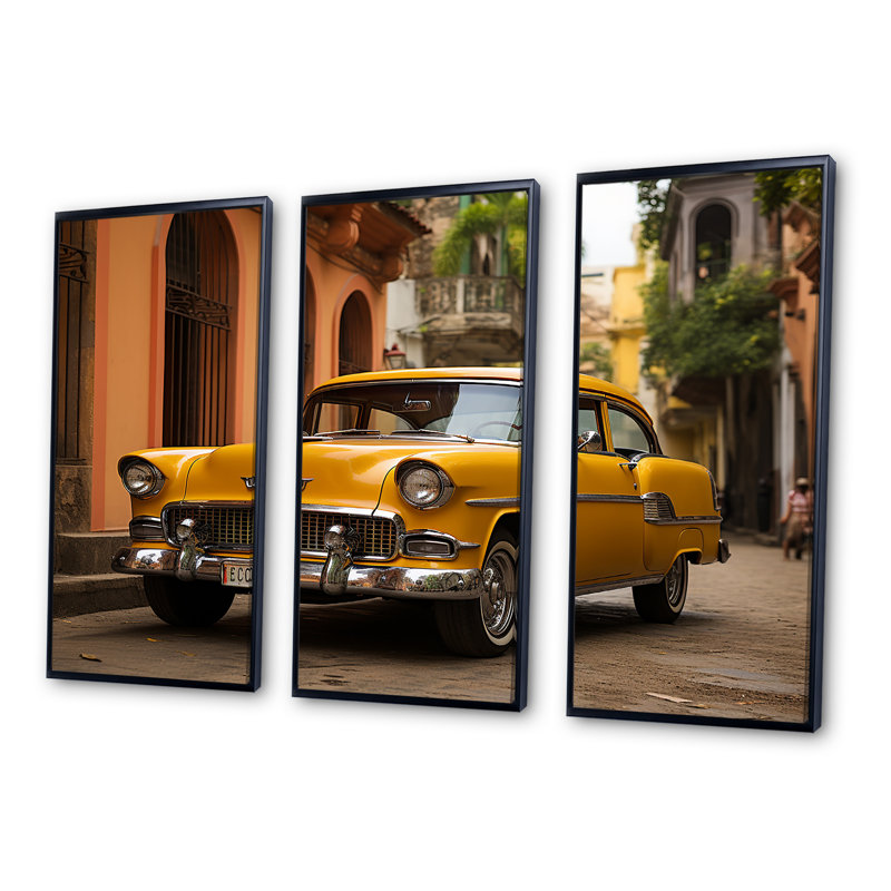 «Yellow Cuban Car Heritage - Cuba», ensemble d'art sur toile, Cadre flottant noir, H 28 po x l 36 po x P 1 po