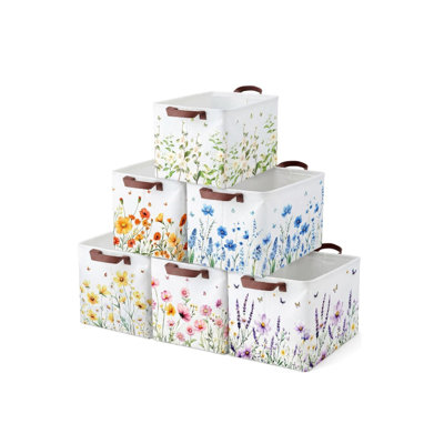 6 Pack Floral Storage Basket with Handles Clothes Storage Basket Bin Foldable Box Bins Organizer