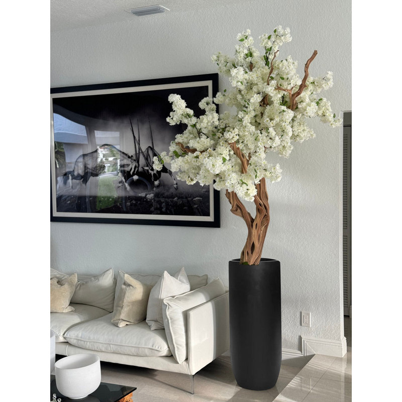 White Cherry Blossom Tree In Matte Planter, Black