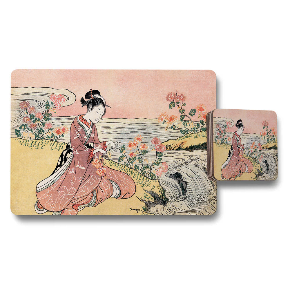 Ukiyoe Style Placemat And Coaster Set Japanese Floral Scene