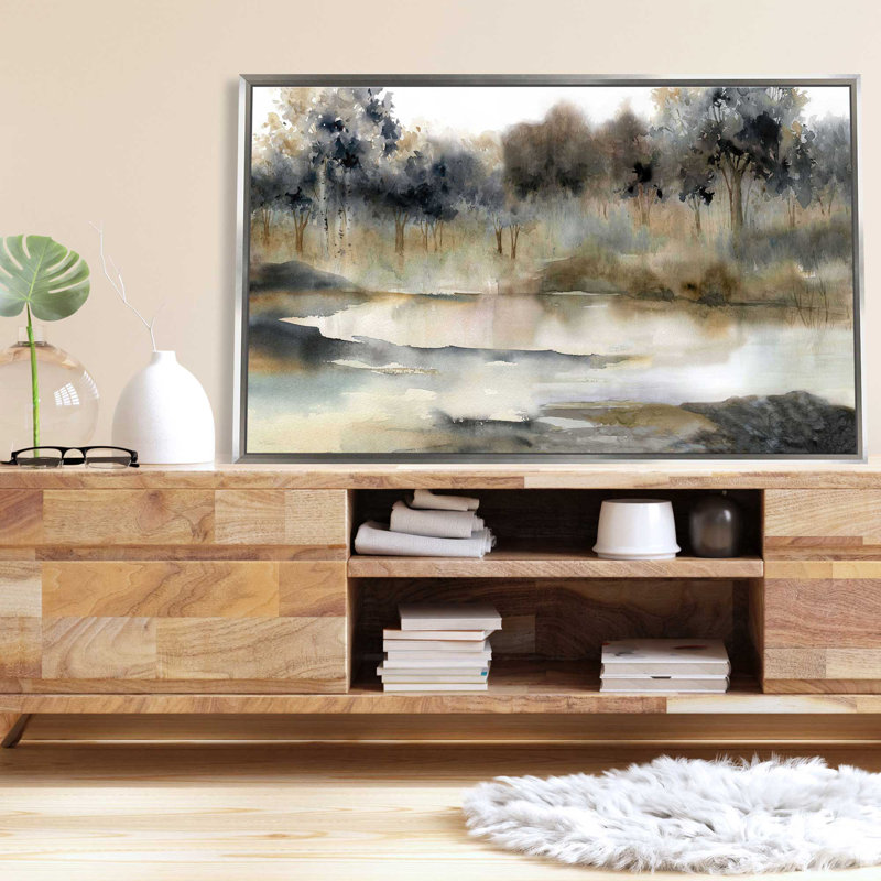Serene River - Peinture, L 63,5 po x H 39,5 po, Encadrement argenté