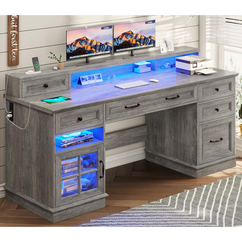 Bureau d'ordinateur 59 po avec 5 tiroirs et station de charge, bureau de ferme pour bureau personnel, Gris