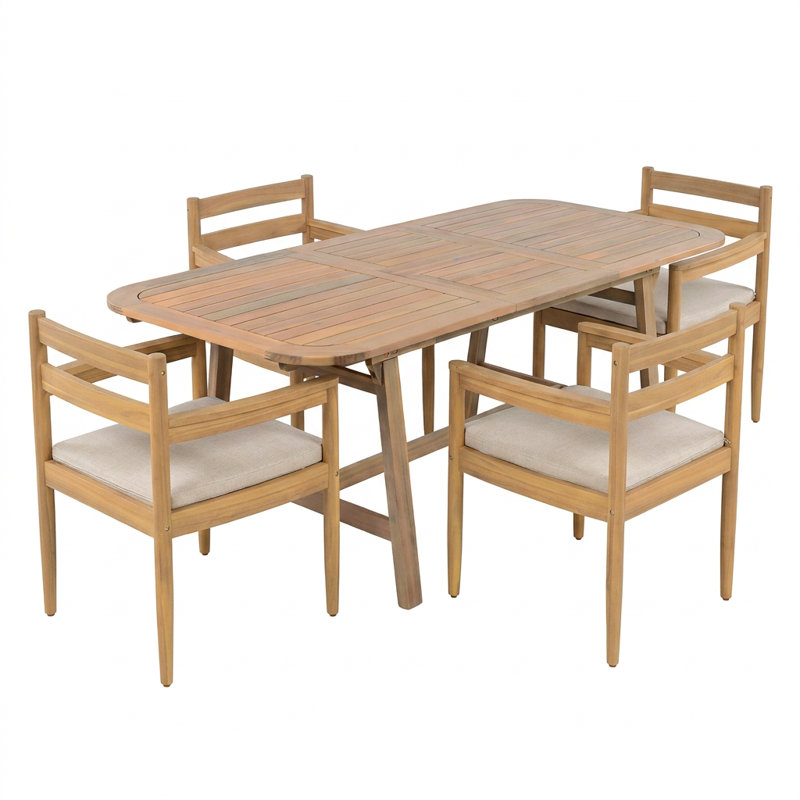 Ensemble repas de patio en bois d'acacia rustique avec table extensible et coussins Lynx, 4