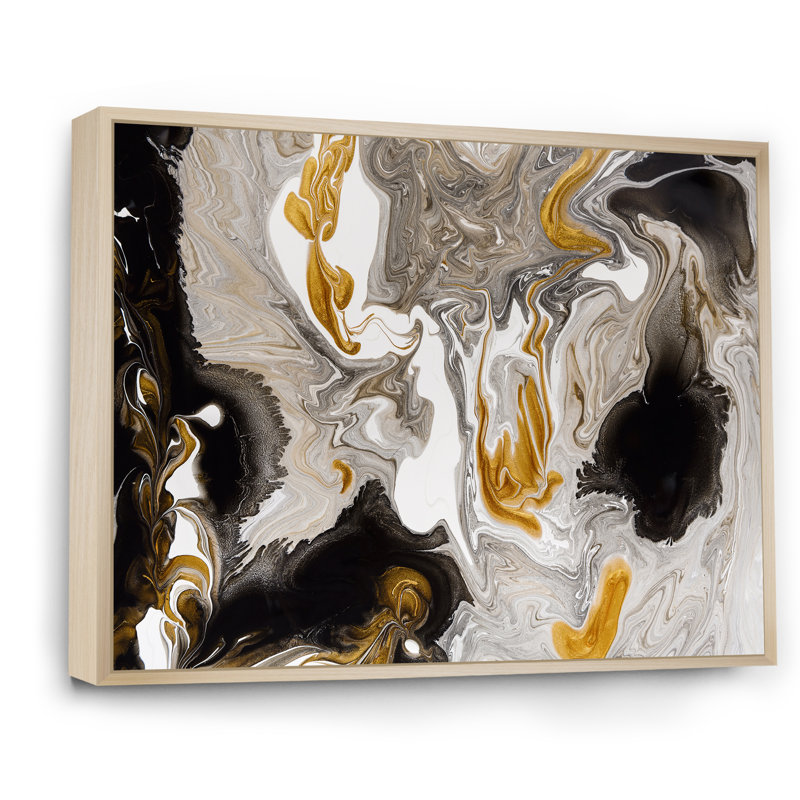 Or et vagues de marbre noir I - peinture sur toile, H 12 po x l 20 po, Cadre flottant, Érable