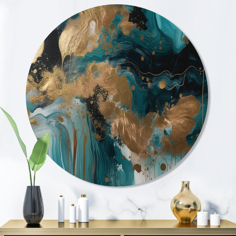 Green And Gold Mysterious Marble I - Abstract Marble Round Wall Art on Metal, 23" H x 23" W x 1" D