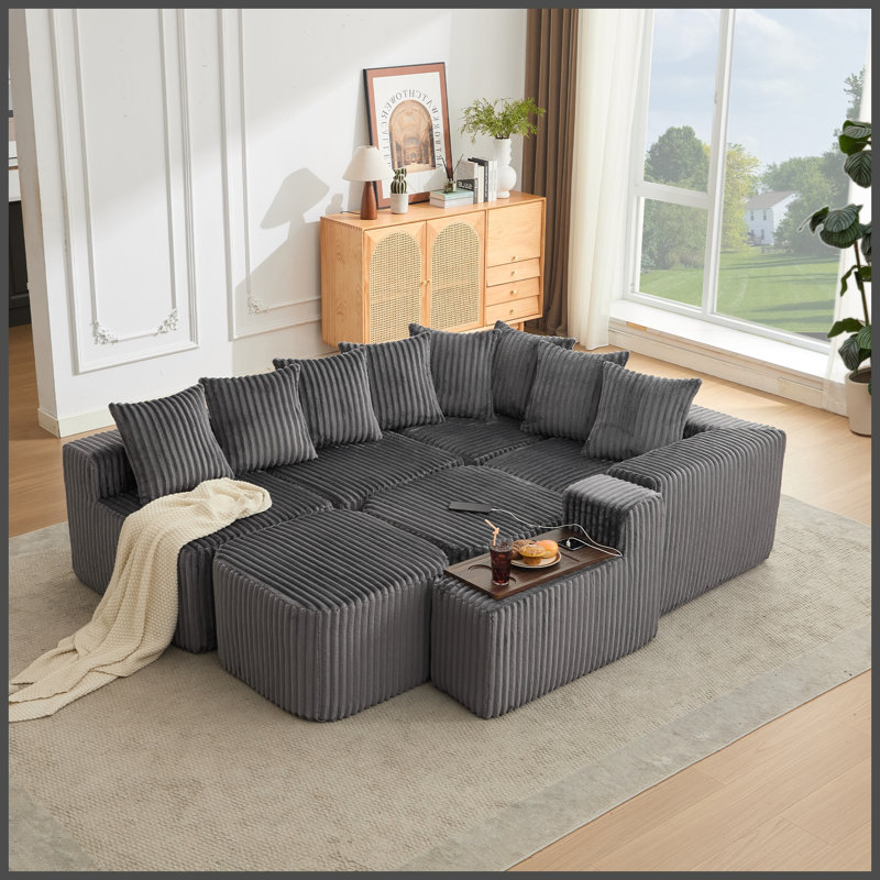 [NOUVEAUTÉ] [VIDÉO DISPONIBLE] Canapé d'angle en U de 350 cm (137,5 po), chargement USB et sans fil, table basse avec porte-gobelet, canapé modulaire surdimensionné et mobile, repose-pieds amovible, aucun assemblage requis, 6 places, velours côtelé, gris