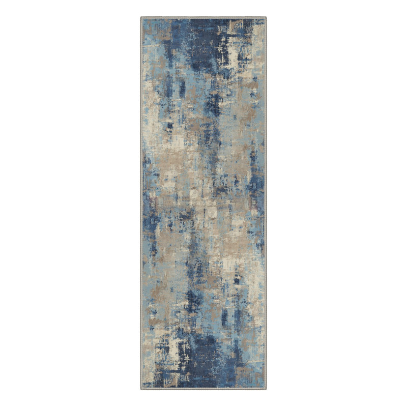 Aura Abstract Machine Washable Grey / Blue Indoor Area Rug with Non-Slip Backing, Runner 2' x 7'