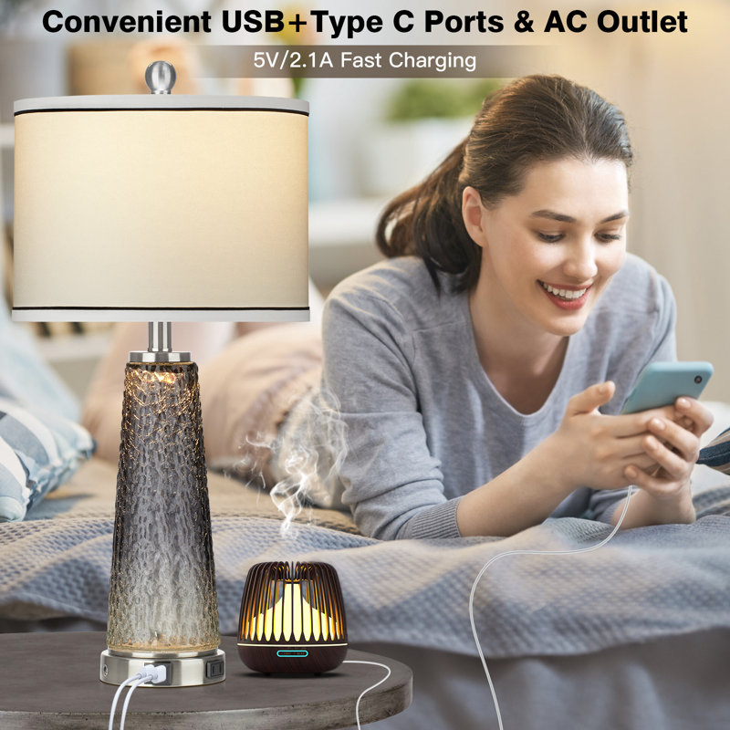 Taifa Glass Table Lamp with Nightlight and USB Charging Ports AC Outlet, Gray