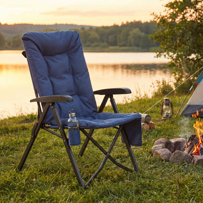 Folding Recliner Chair, Adjustable 95°-150° High Back, Padded Camping Chair With Cup Holder, Blue, 1