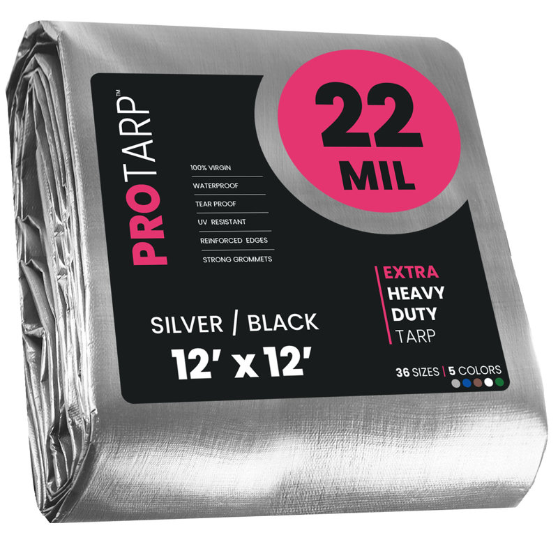 Bâche en polyéthylène robuste de 22 mil, imperméable et résistante aux rayons UV, Argent / noir, 30 pi x 30 pi