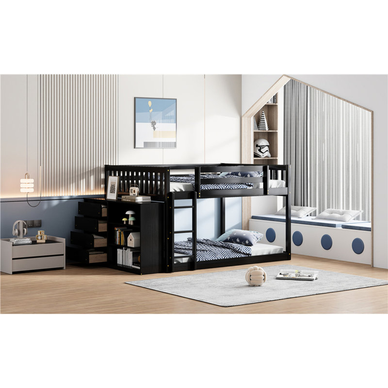 double au-dessus de couleur double avec 4 et 3 tablettes, bois massif pour une ambiance chaleureuse dans la chambre à coucher, 4 tiroirs et 3 tablettes à décor moderne