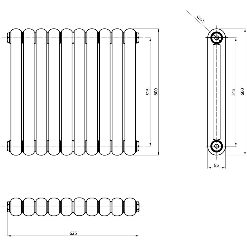 Horizontal Oval Panel Radiators, White, 60 cm H x 62.2 cm W x 10 cm D