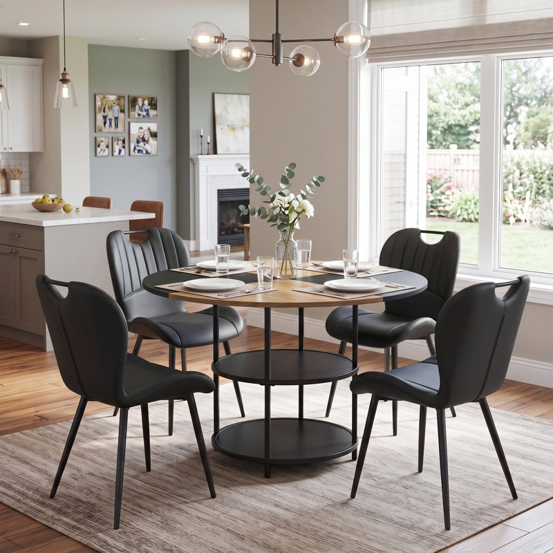Ensemble de table de salle à manger 47,5 po avec rangement à deux niveaux et chaises en cuir PU, Black/Brown, Black