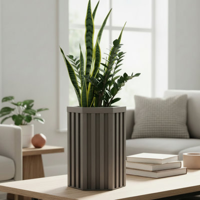 Pot à fleurs hexagonal gris et gris, aluminium léger pour un travail soutenu, ouverture de drainage prédécoupée, thermolaqué couleur bois, profondeur de plantation réglable, hauteur de 10,69 po à 16,41 po avec efficacité