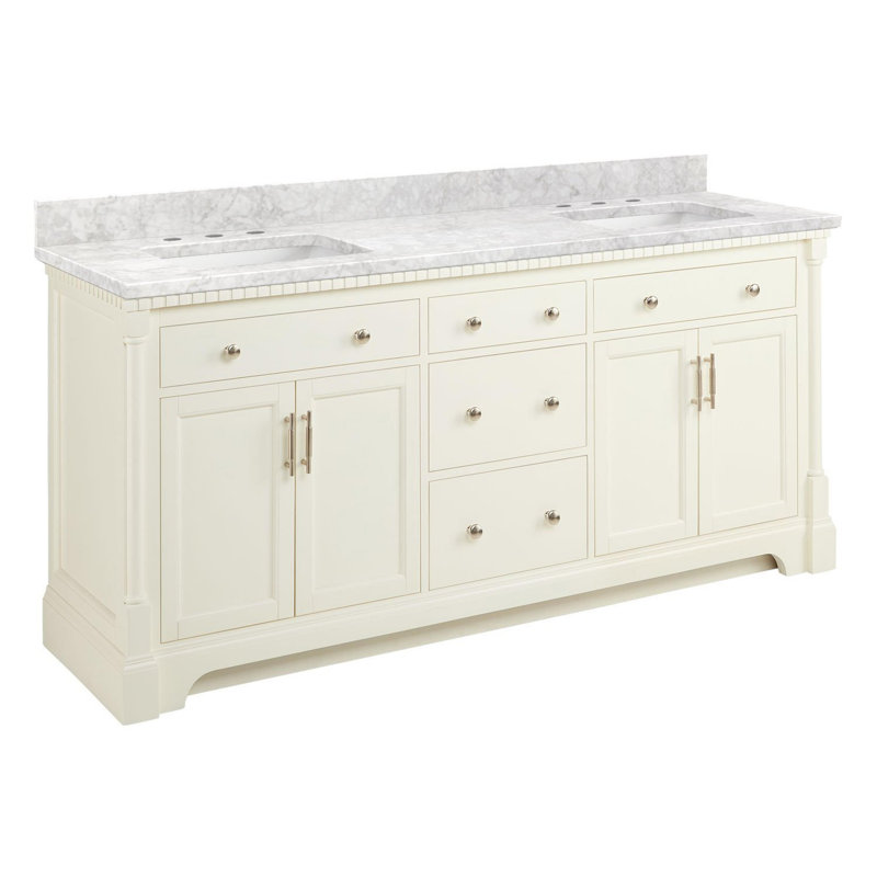 Claudia 72" Freestanding Mahogany Double Basin Vanity Set with Cabinet, Vanity Top, Carrara Marble, White, 8" Widespread