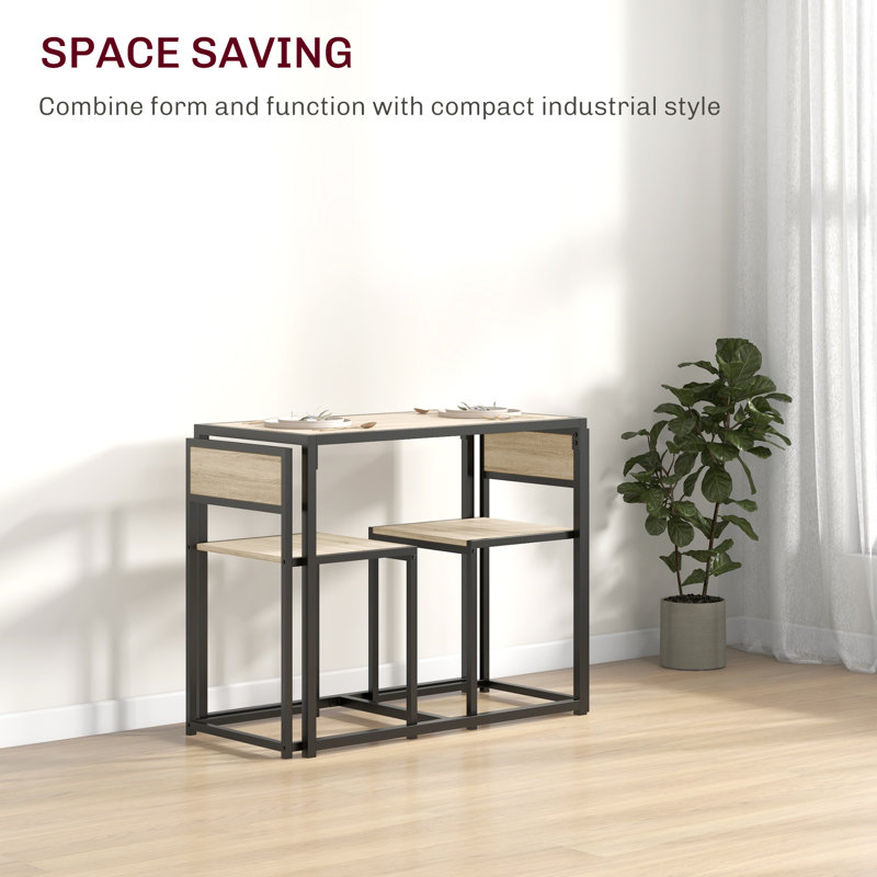 Oak and Black 3-Piece Industrial Dining Table Set with 2 Chairs