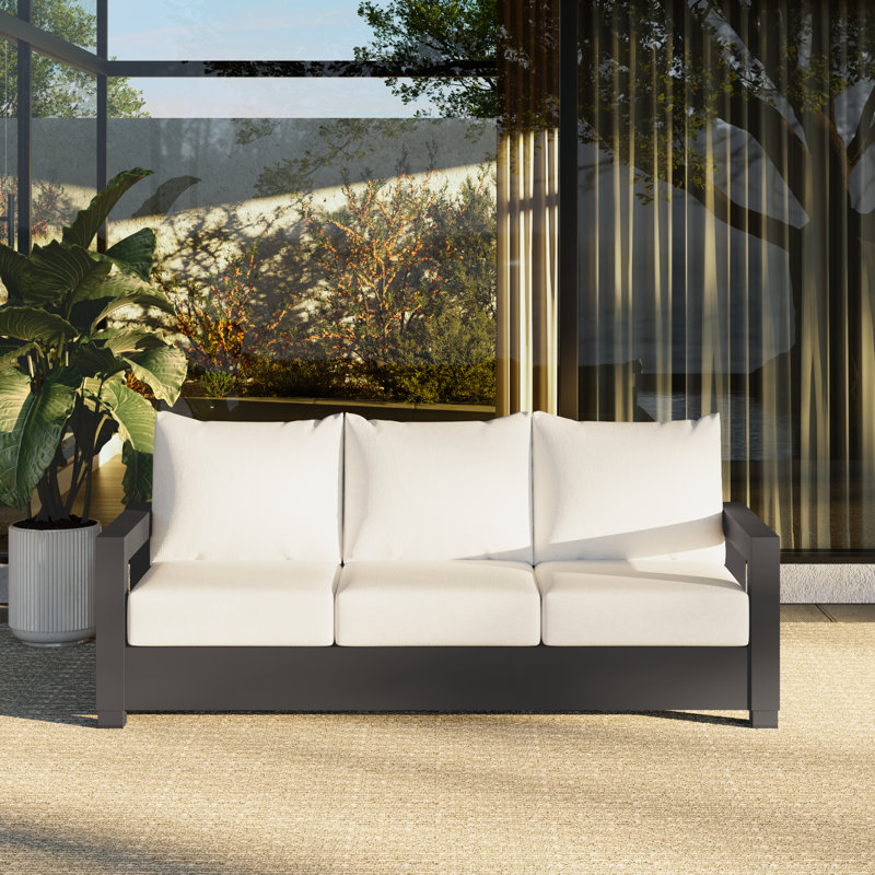 Canapé d'extérieur moderne en aluminium pour 3 personnes avec coussin, Coussin blanc / cadre noir