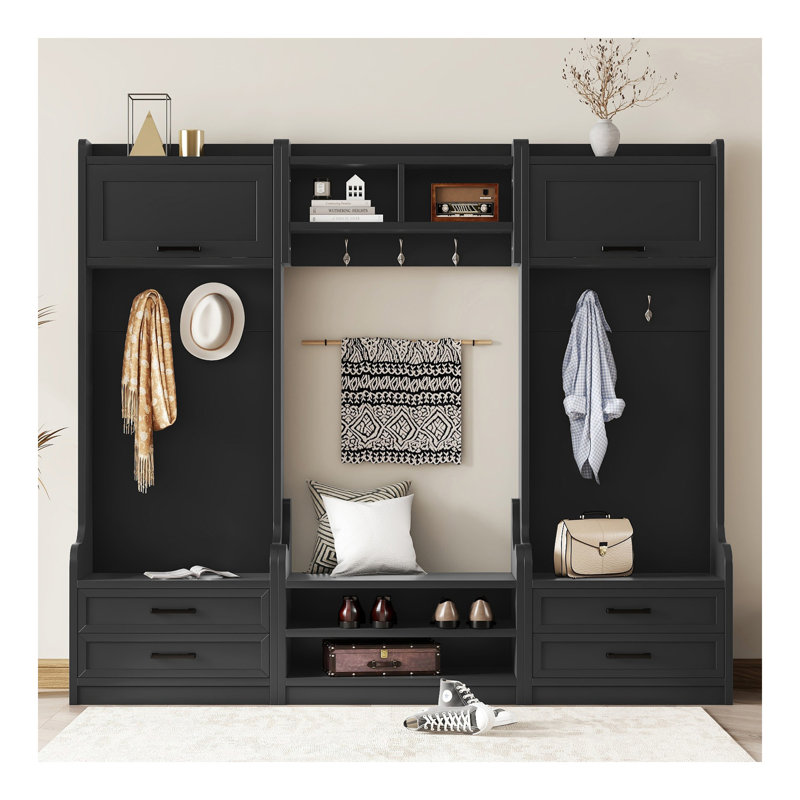 4-In-1 Detachable Hall Tree With Storage And 7 Hooks, Multiple Functions Hallway Coat Rack With Storage Drawers And Cabinet, Black Shoe Bench For Entryway Hallway
