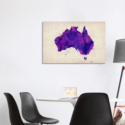 Map Of Australia (Purple) Paint Splashes by Michael Tompsett - Wrapped Canvas Print