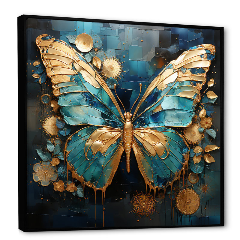 Art mural papillon doré et bleu II, Cadre flottant noir, 16" H x 16" W