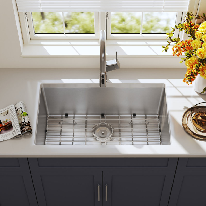 Blenzia 30 Inch Undermount Kitchen Sink 304 Stainless Steel 16 Gauge Single Bowl Rectangular Handmade Deep Sinks With Strainer & Bottom Grid 30" X 18" X 10"