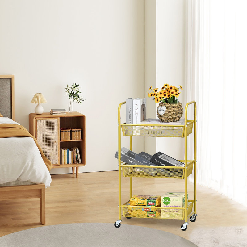 3-Tier Utility Cart Rolling with Handles for Office, Living Room, Kitchen, Movable with Wheels, Gold