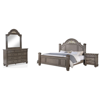 Ensemble de chambre avec grand lit 4 pièces Recus avec détails floraux sculptés, bois gris