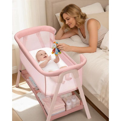 Portable Baby Bedside Sleeper Bassinet with Locking Wheels for Boys Girls Infant, Including Mattress, Storage Basket, Full Mesh Sides, Mini Babies Crib for Newborns,Pink