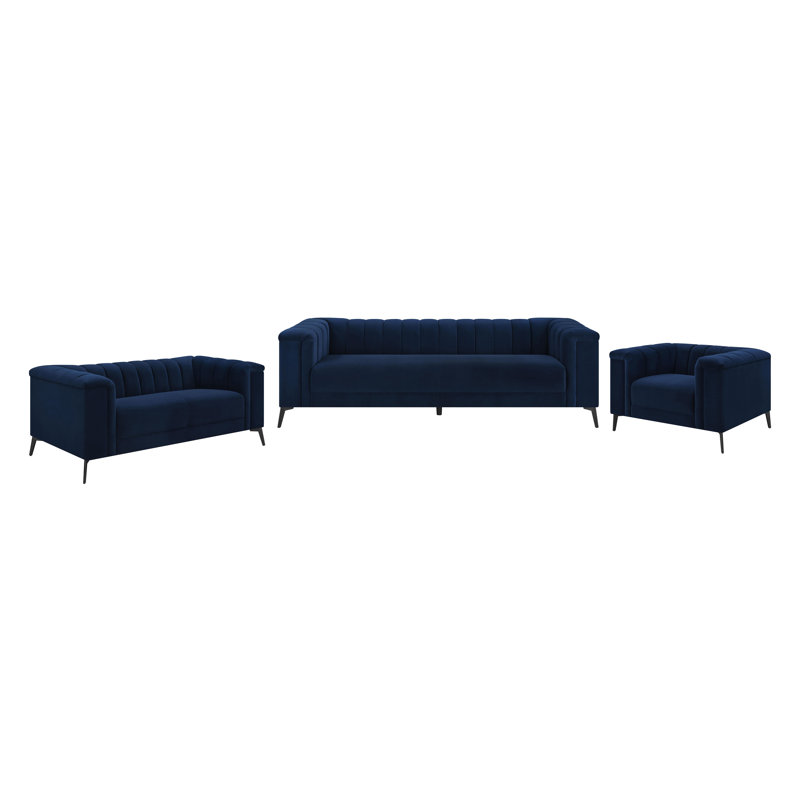 Ensemble de canapé capitonné 3 pièces avec accoudoirs touffetés bleu