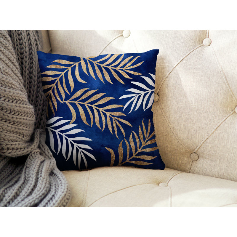 Coussin intérieur / extérieur Bobo Fern, L 15 po x H 15 po, Bleu marine/doré
