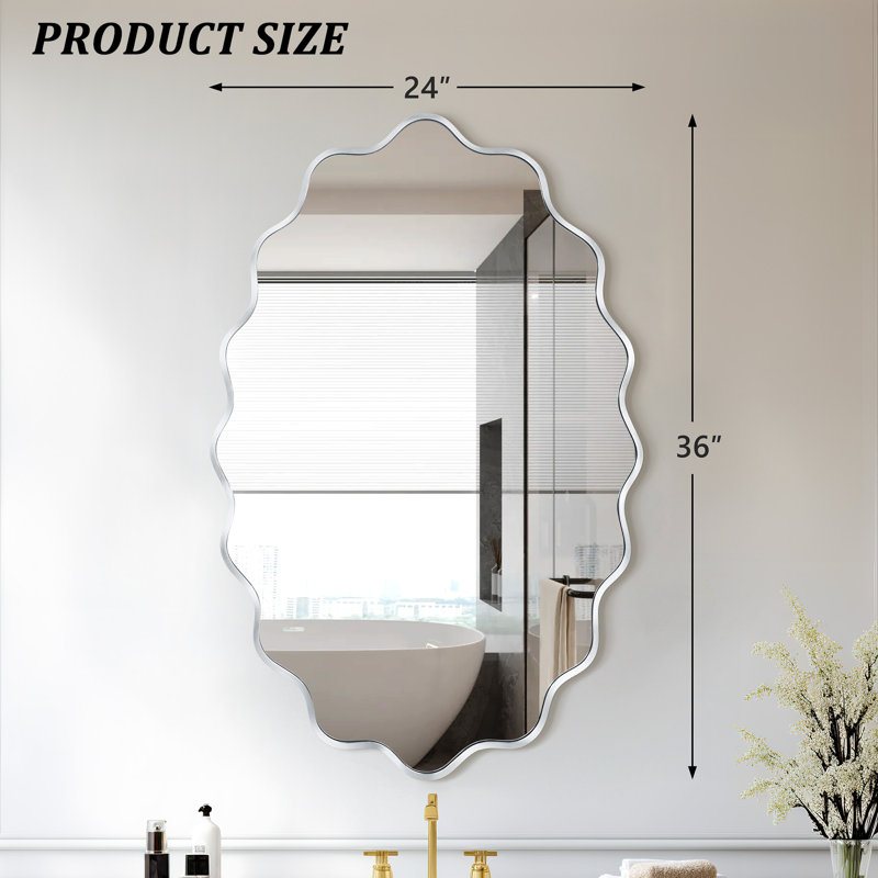 Scalloped Oval Metal Wall Mirror, Silver, 36" x 24"