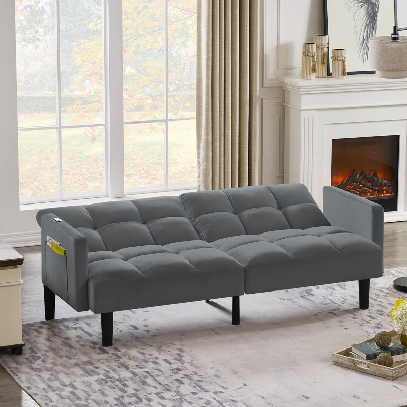Velvet Futon Couch Convertible Folding Sofa Bed Tufted Couch For Apartment, Gray