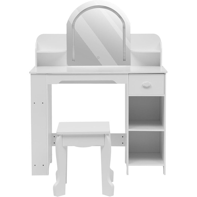 Ensemble de coiffeuse pour enfants avec miroir lumineux et tabouret, table de maquillage 2 en 1 avec tiroir, pour les enfants de 3 à 9 ans